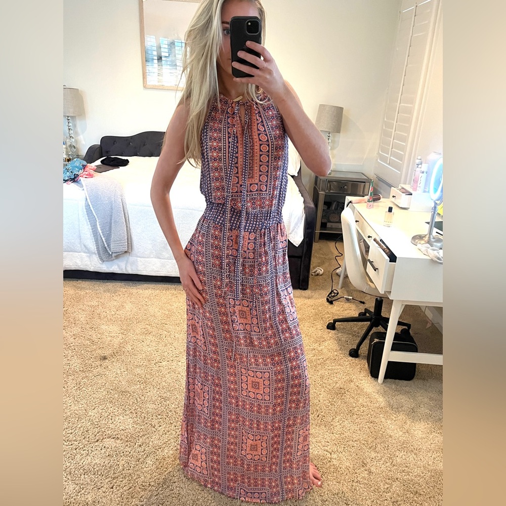 TOLANI coral and blue patterned maxi dress